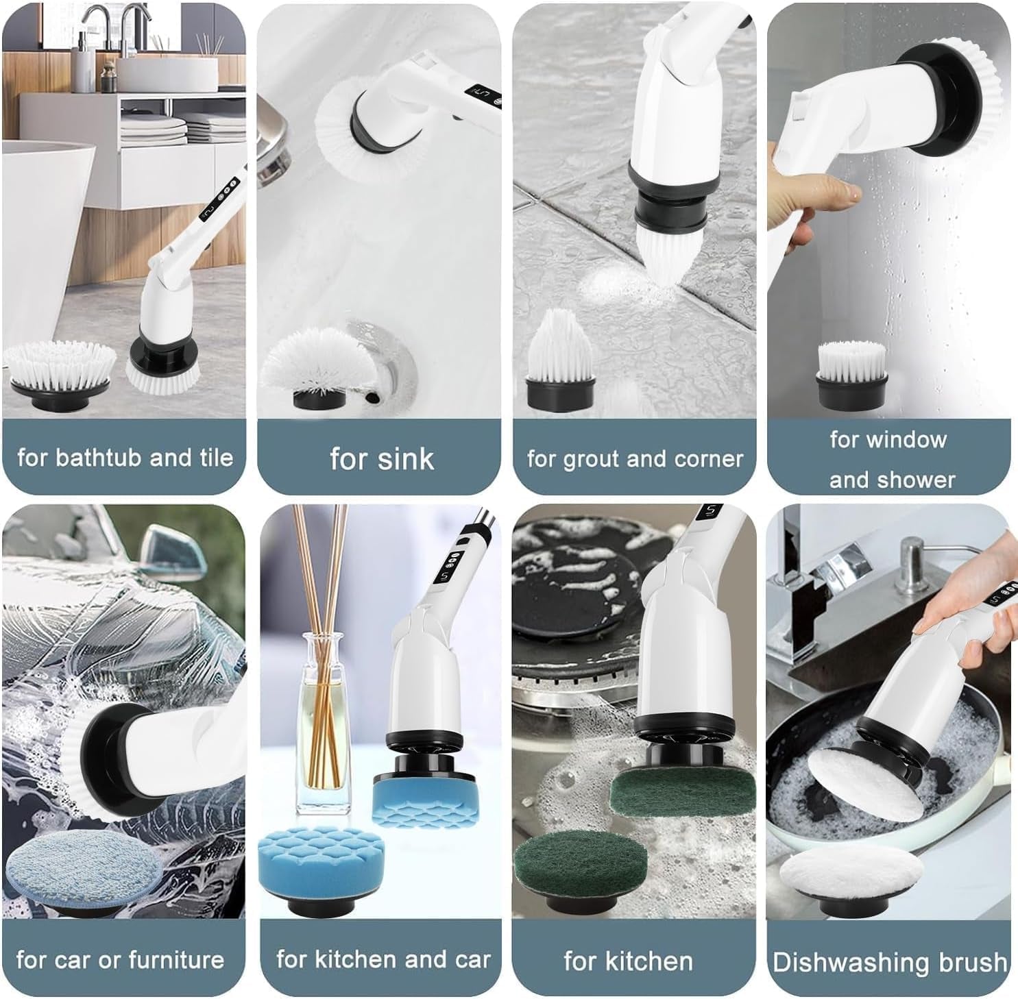 Electric Spin Scrubber, Cordless Cleaning Brush with 9 Replaceable Brush Heads, Tub and Floor Tile 360 Power Scrubber Dual Speed with Adjustable Detachable Handle for Bathroom Kitchen Car (9)
