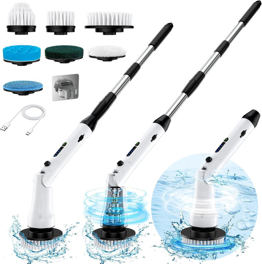 Electric Spin Scrubber, Cordless Cleaning Brush with 9 Replaceable Brush Heads, Tub and Floor Tile 360 Power Scrubber Dual Speed with Adjustable Detachable Handle for Bathroom Kitchen Car (9)