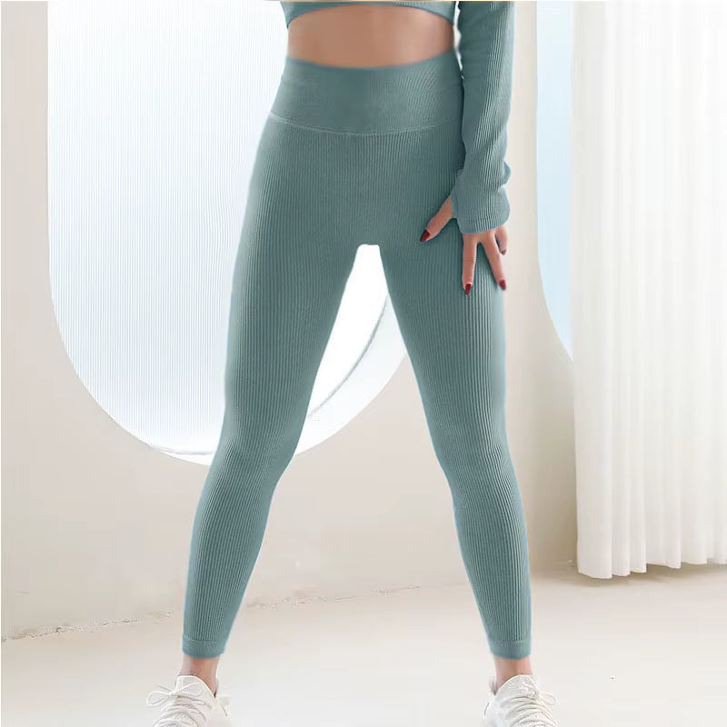Seamless Ribbed Leggings for Fitness Women Sport Legging Push up Workout Striped Leggins Ladies High Waist Sexy Gym Legins Woman